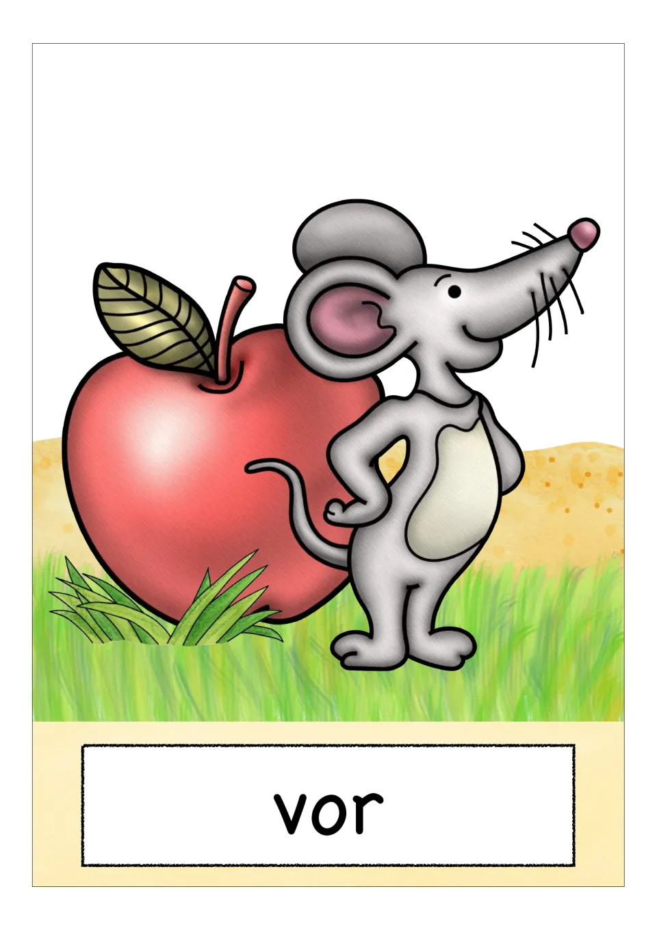 German preposition flashcard labeled 'vor' (in front of), showing a mouse standing in front of an apple
