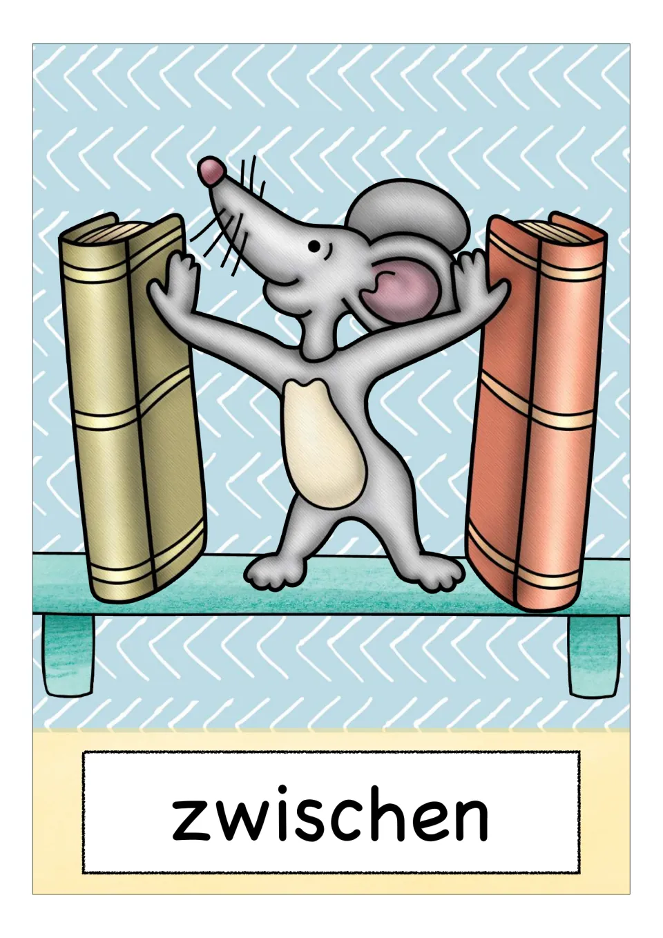 German preposition flashcard labeled 'zwischen' (between), showing a mouse between two books on a shelf