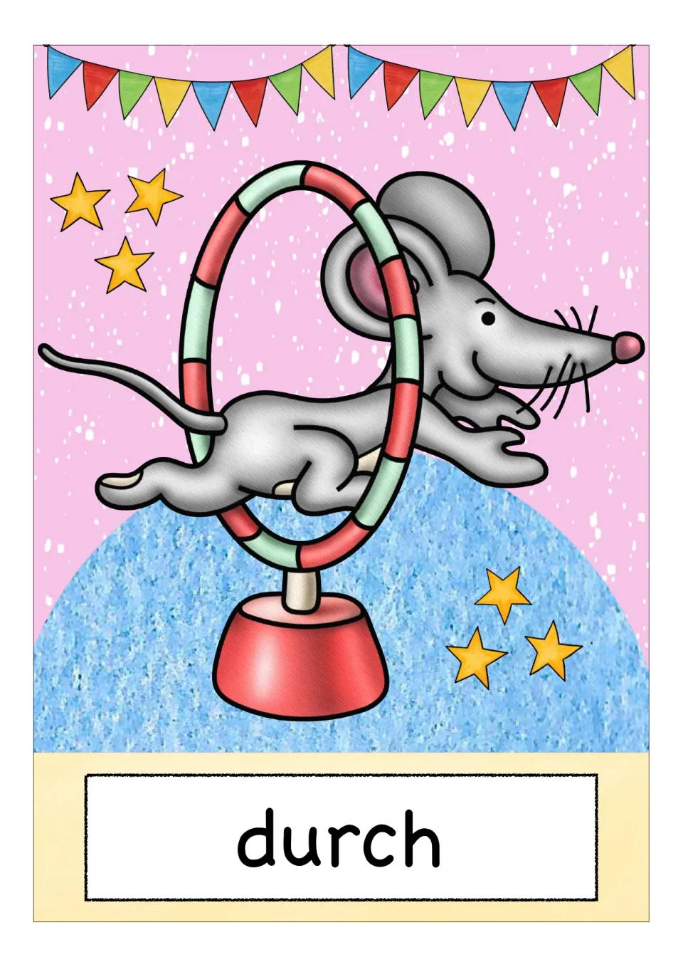 German preposition flashcard labeled 'durch' (through), showing a mouse jumping through a circular hoop