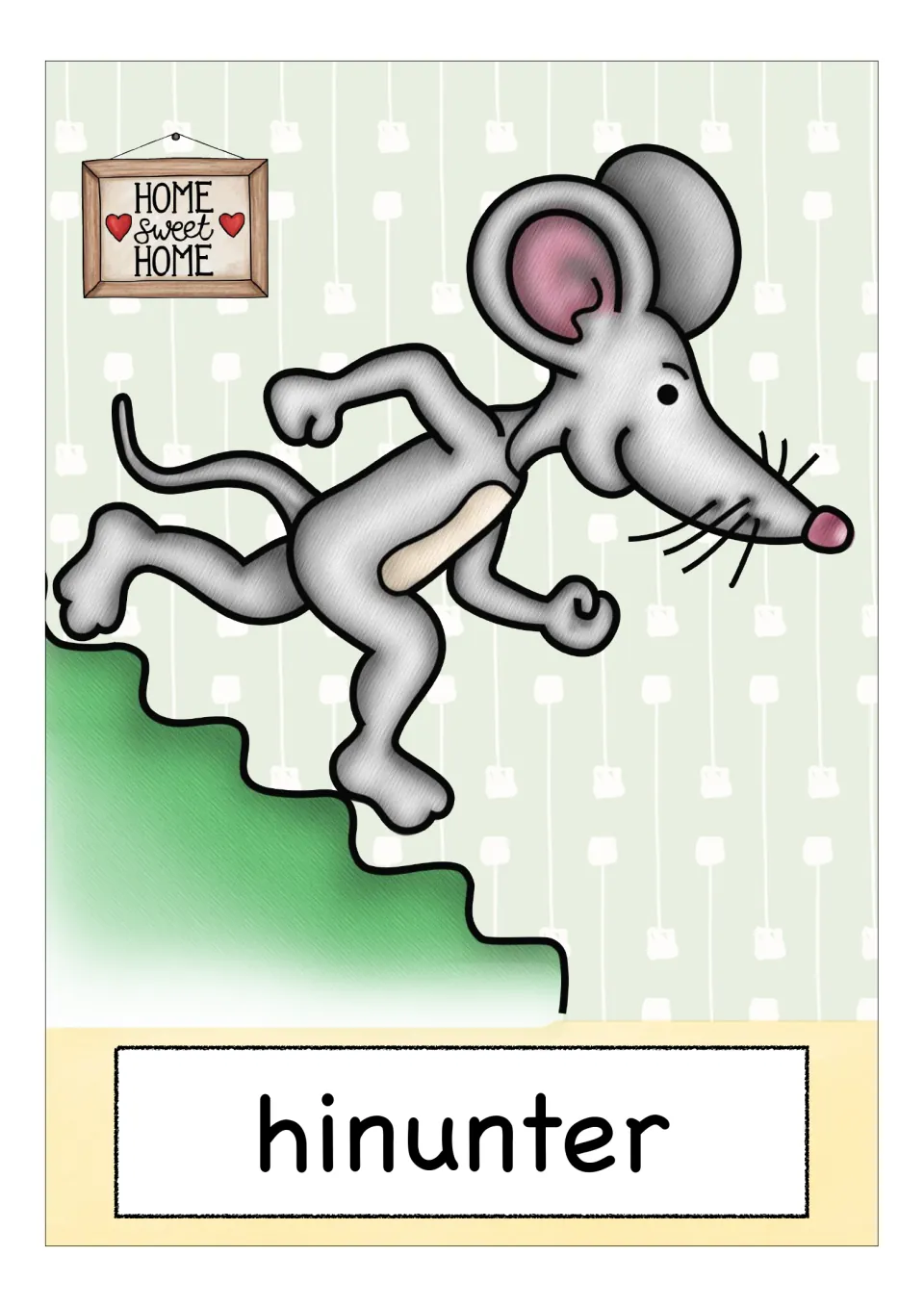 German vocabulary flashcard labeled 'hinunter' (down), showing a mouse moving down a flight of stairs