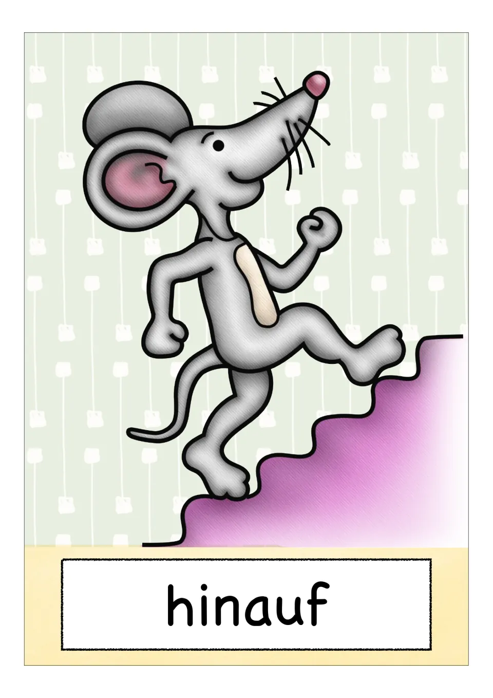 German vocabulary flashcard labeled 'hinauf' (up), showing a mouse climbing up a purple flight of stairs