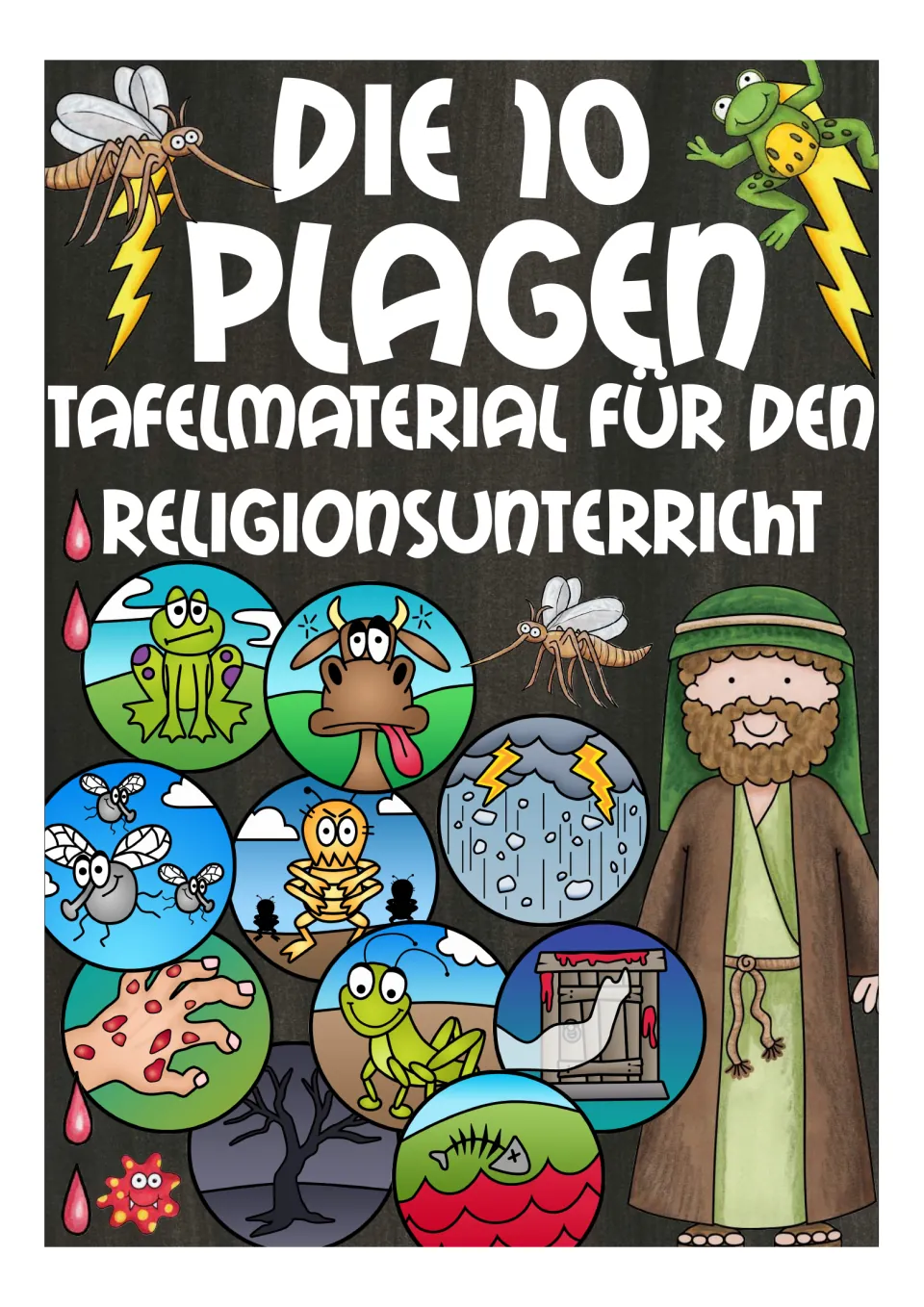 Cover for German flashcards on the 10 biblical plagues, labeled as board materials for religious education