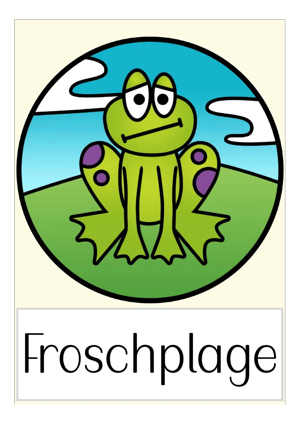 German plague flashcard labeled 'Froschplage' (plague of frogs), illustrated with a large green frog