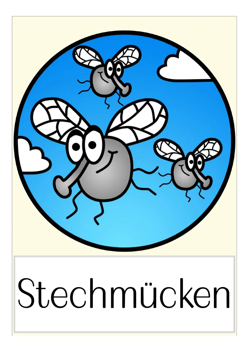 German plague flashcard labeled 'Stechmücken' (mosquitoes), illustrated with three flying mosquitoes