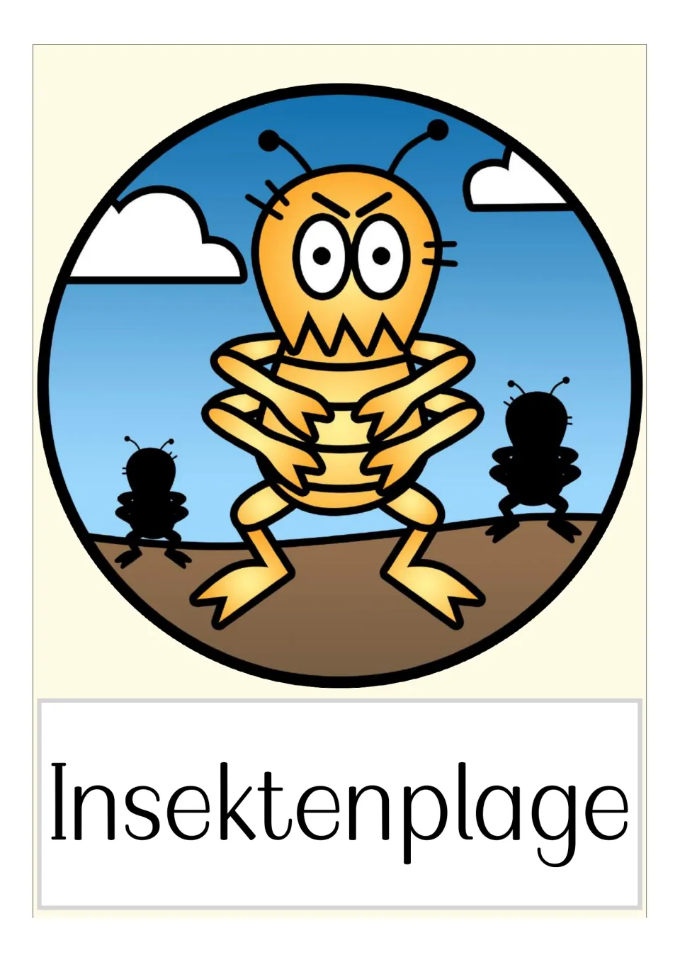 German plague flashcard labeled 'Insektenplage' (insect plague), showing one large insect and two smaller ones