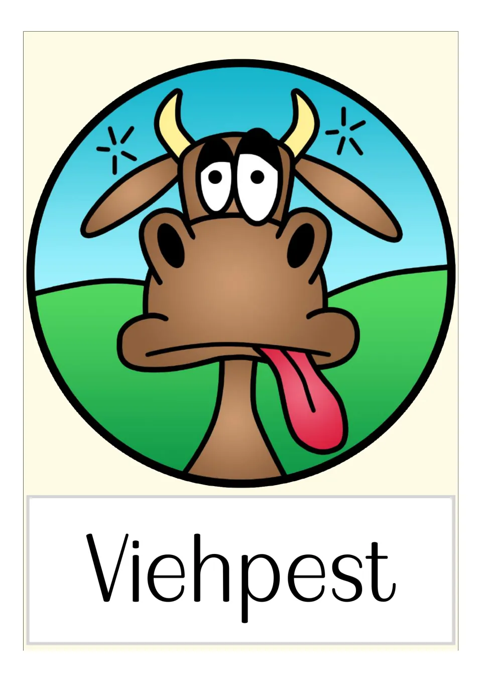 German plague flashcard labeled 'Viehpest' (livestock plague), illustrated with a cow sticking out its tongue
