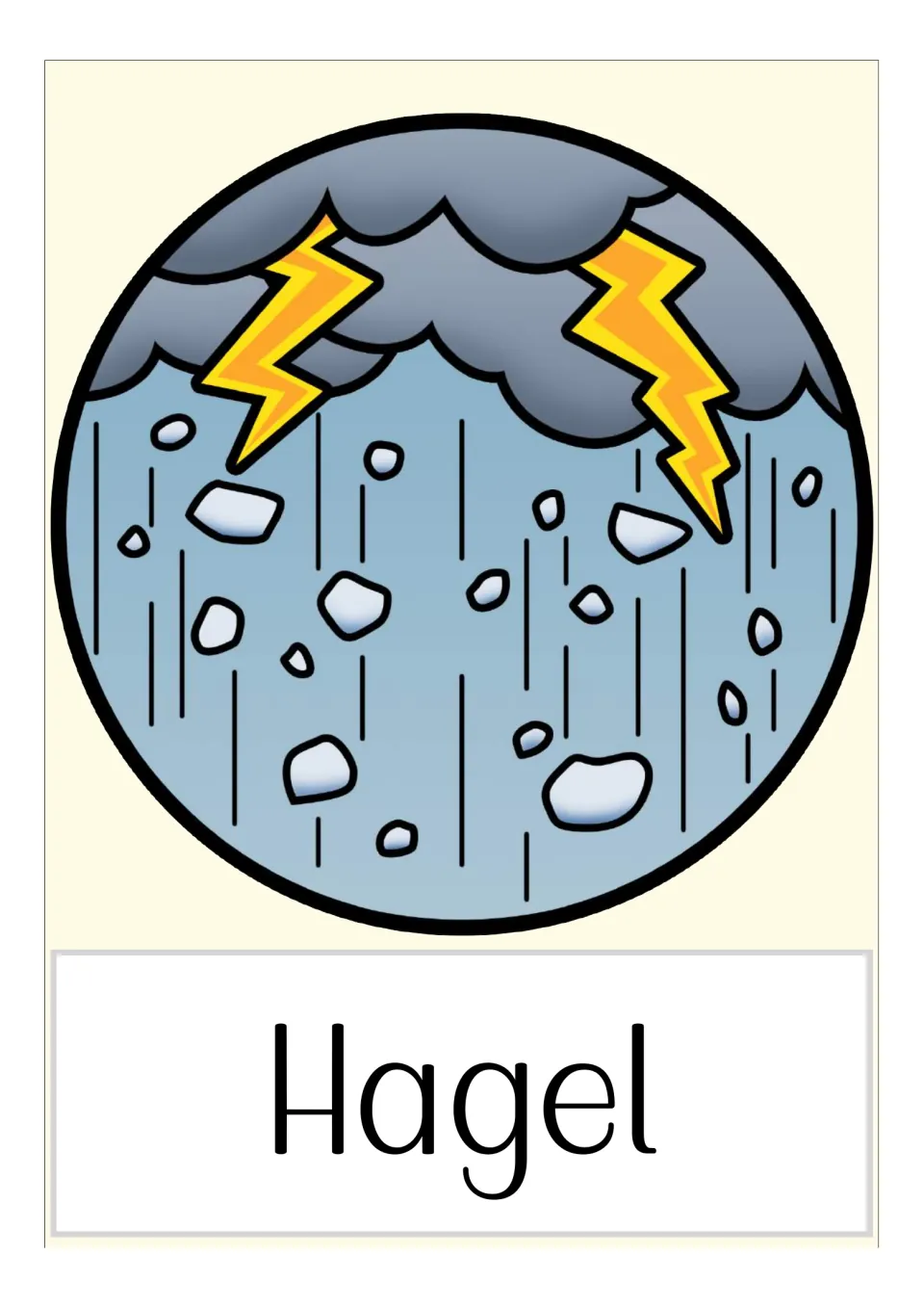 German plague flashcard labeled 'Hagel' (hail), illustrated with falling hailstones and lightning bolts