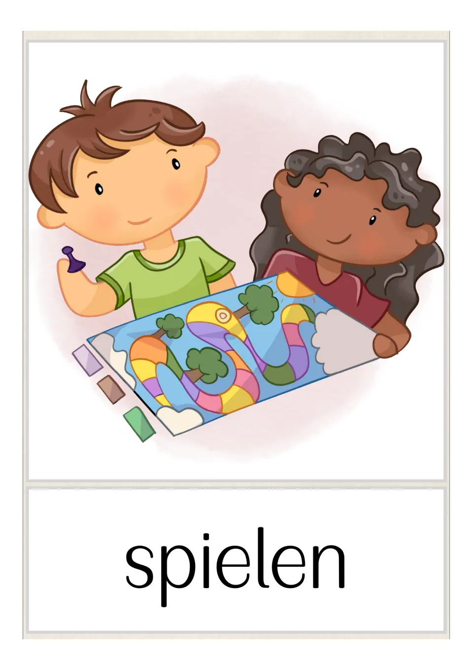 German game vocabulary flashcard: 'spielen' (to play), illustrated by two children playing a board game