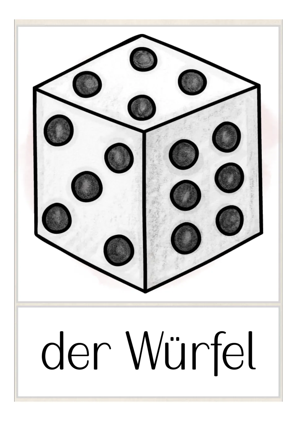 German game vocabulary flashcard: 'der Würfel' (die), showing a die with four, five, and six dots on its faces