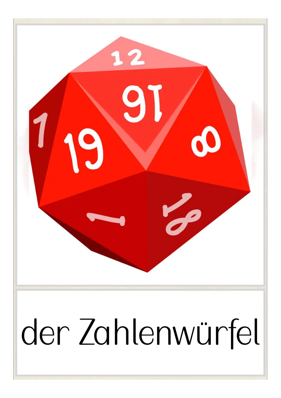 German game vocabulary flashcard: 'der Zahlenwürfel' (numbered die), illustrated by a red many-sided die