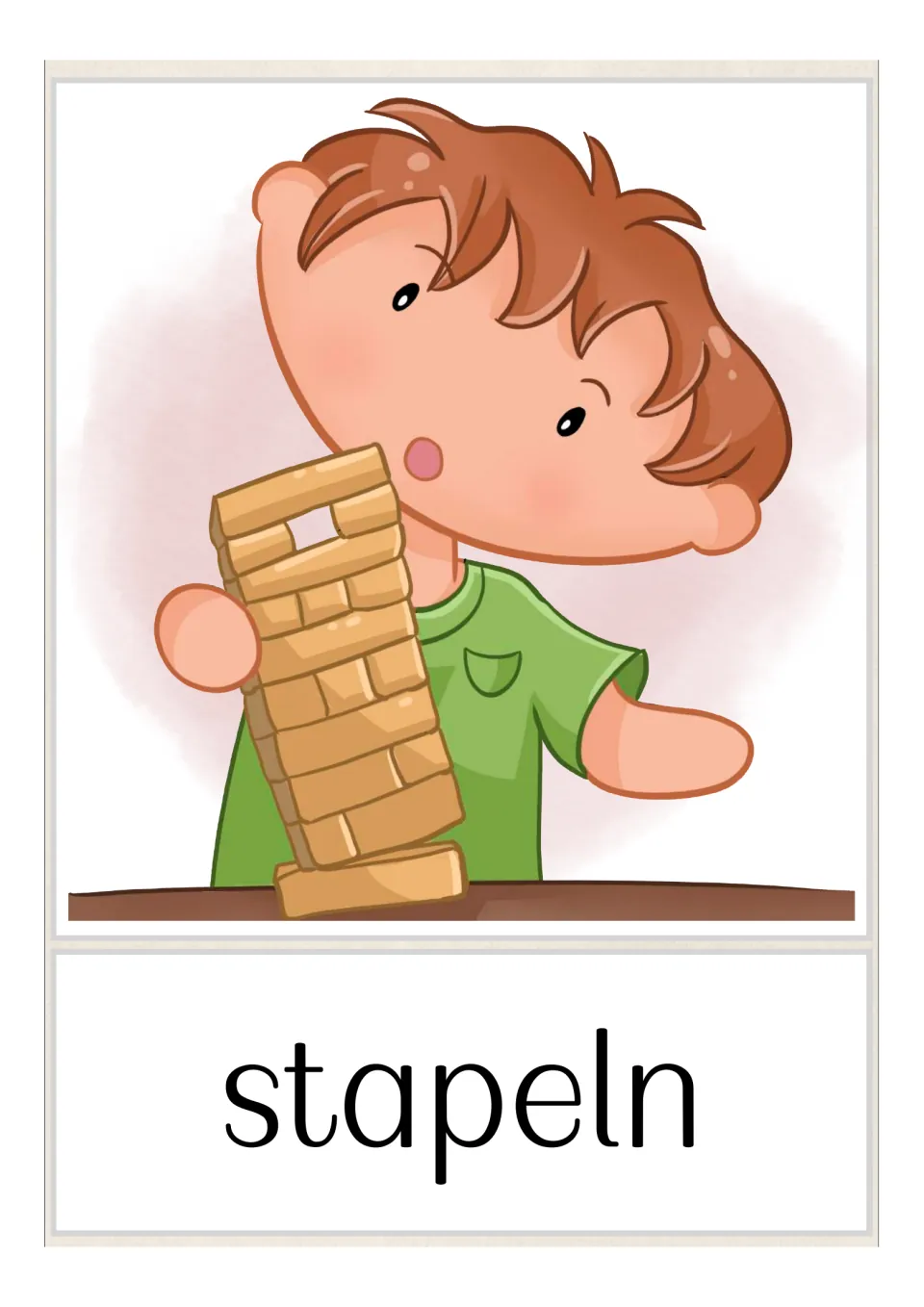 German game vocabulary flashcard: 'stapeln' (to stack), illustrated by a child beside a leaning block tower
