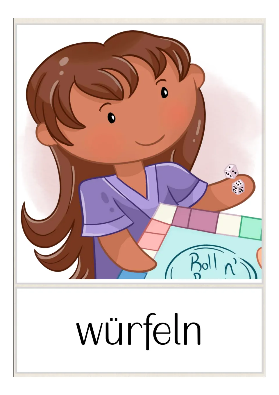 German game vocabulary flashcard: 'würfeln' (to roll dice), illustrated by a child holding dice beside a game