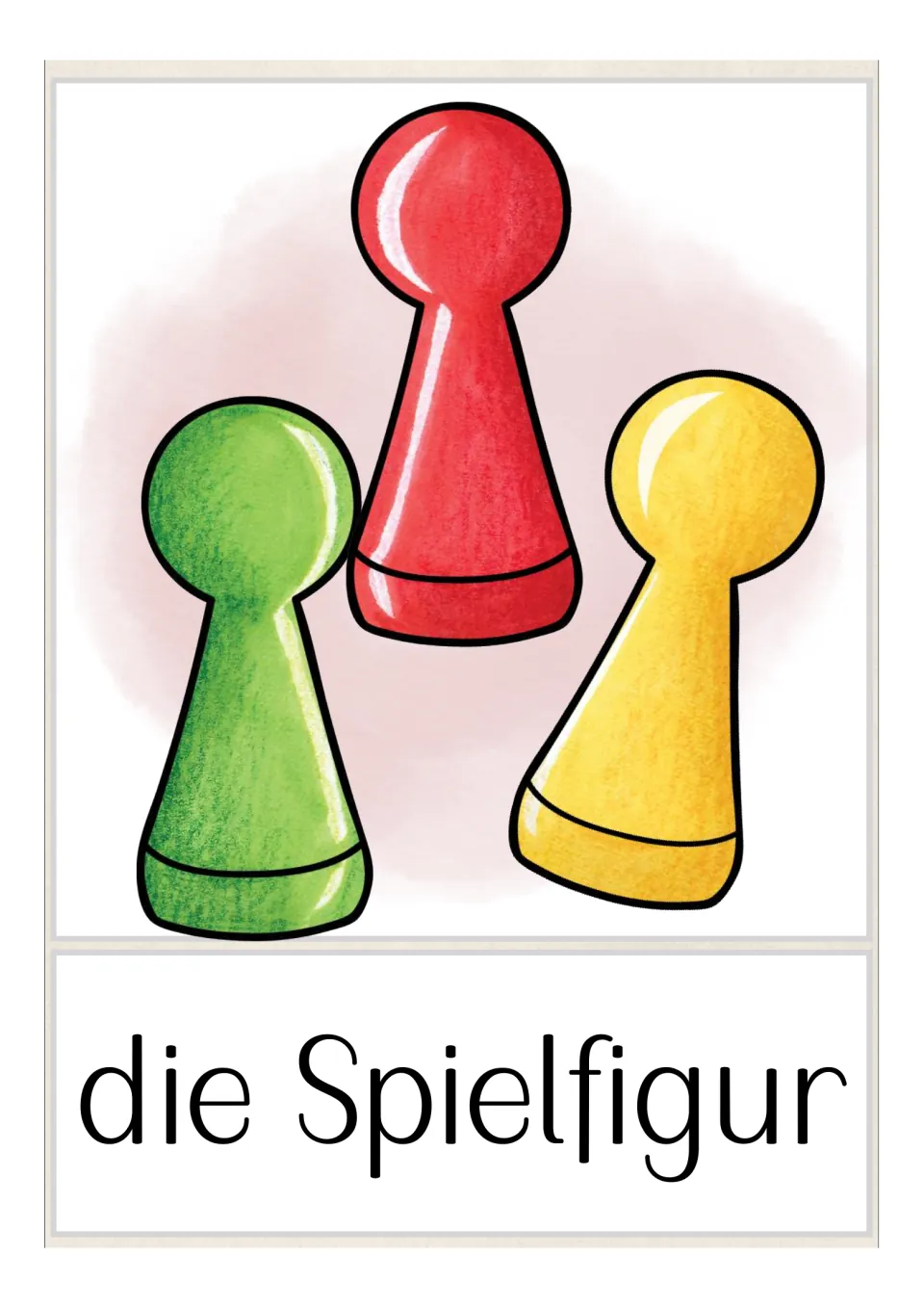 German game vocabulary flashcard: 'die Spielfigur' (playing piece), showing red, green, and yellow pawns