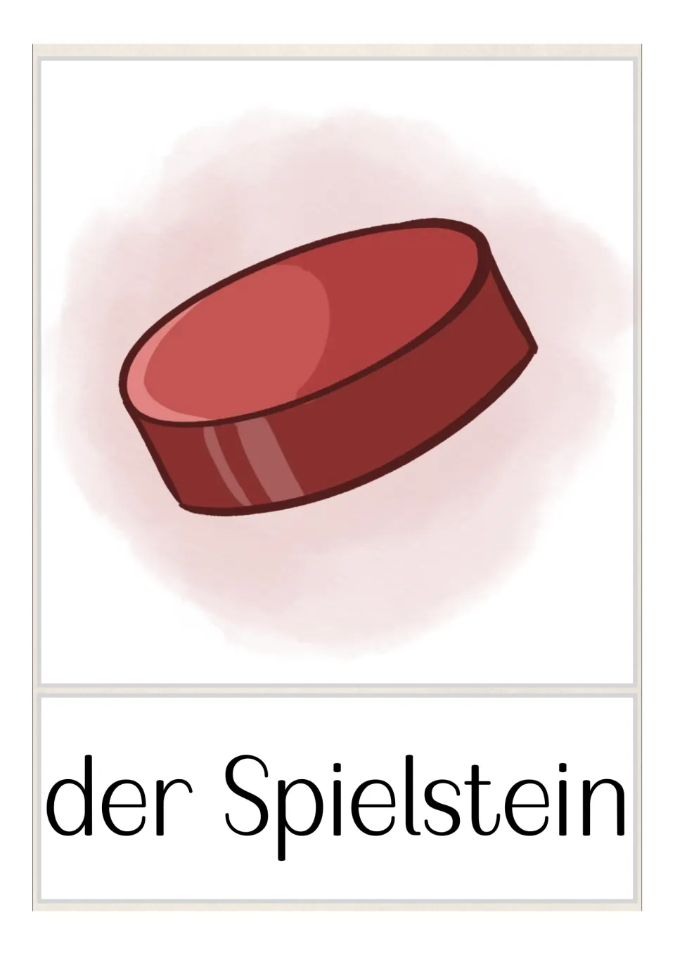 German game vocabulary flashcard: 'der Spielstein' (game counter), illustrated by a round red playing token