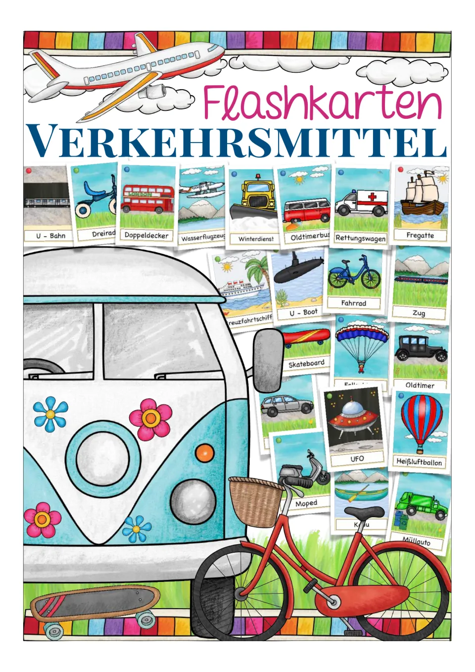 Cover of Flashkarten Verkehrsmittel: German transportation cards such as U-Bahn, Fahrrad, Zug, UFO and Heißluftballon