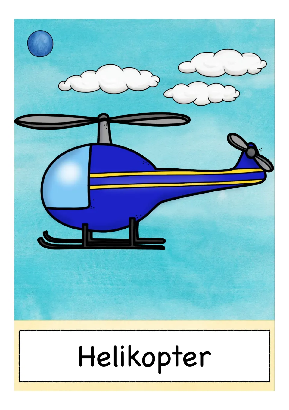 German transport vocabulary card: a blue helicopter flying among clouds, labeled Helikopter, for naming the vehicle aloud