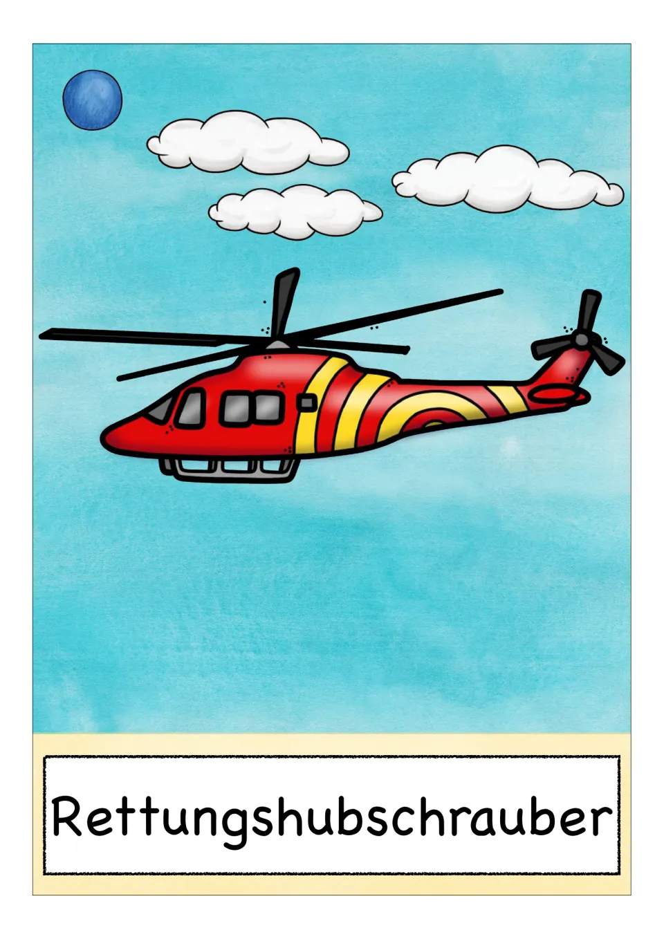 German transport vocabulary card: a red and yellow rescue helicopter in the sky, labeled Rettungshubschrauber