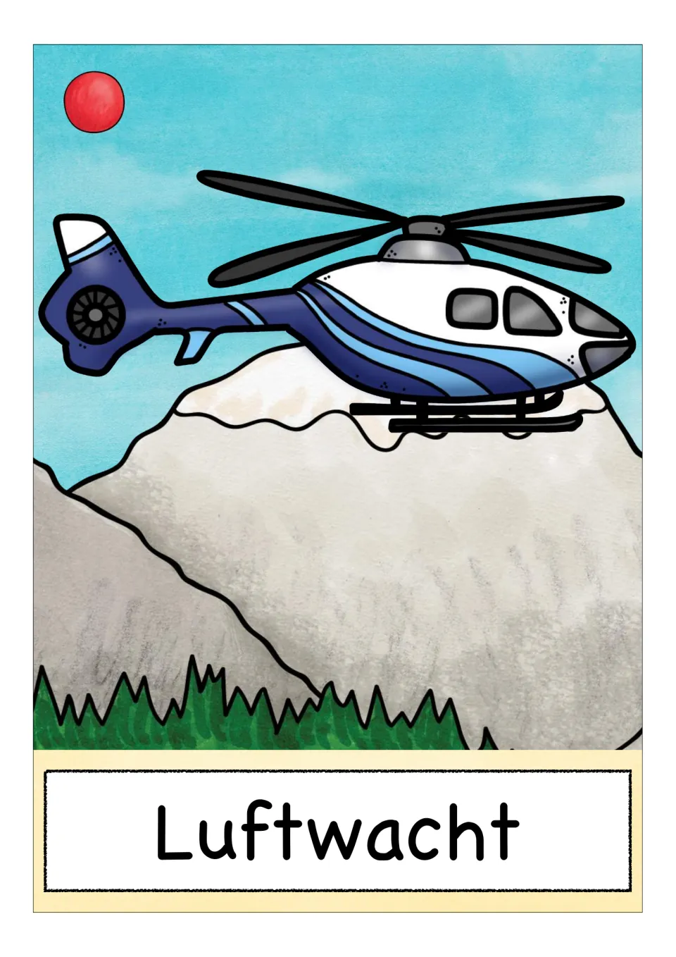 German transport vocabulary card: a blue and white helicopter flying past snowy mountains, labeled Luftwacht