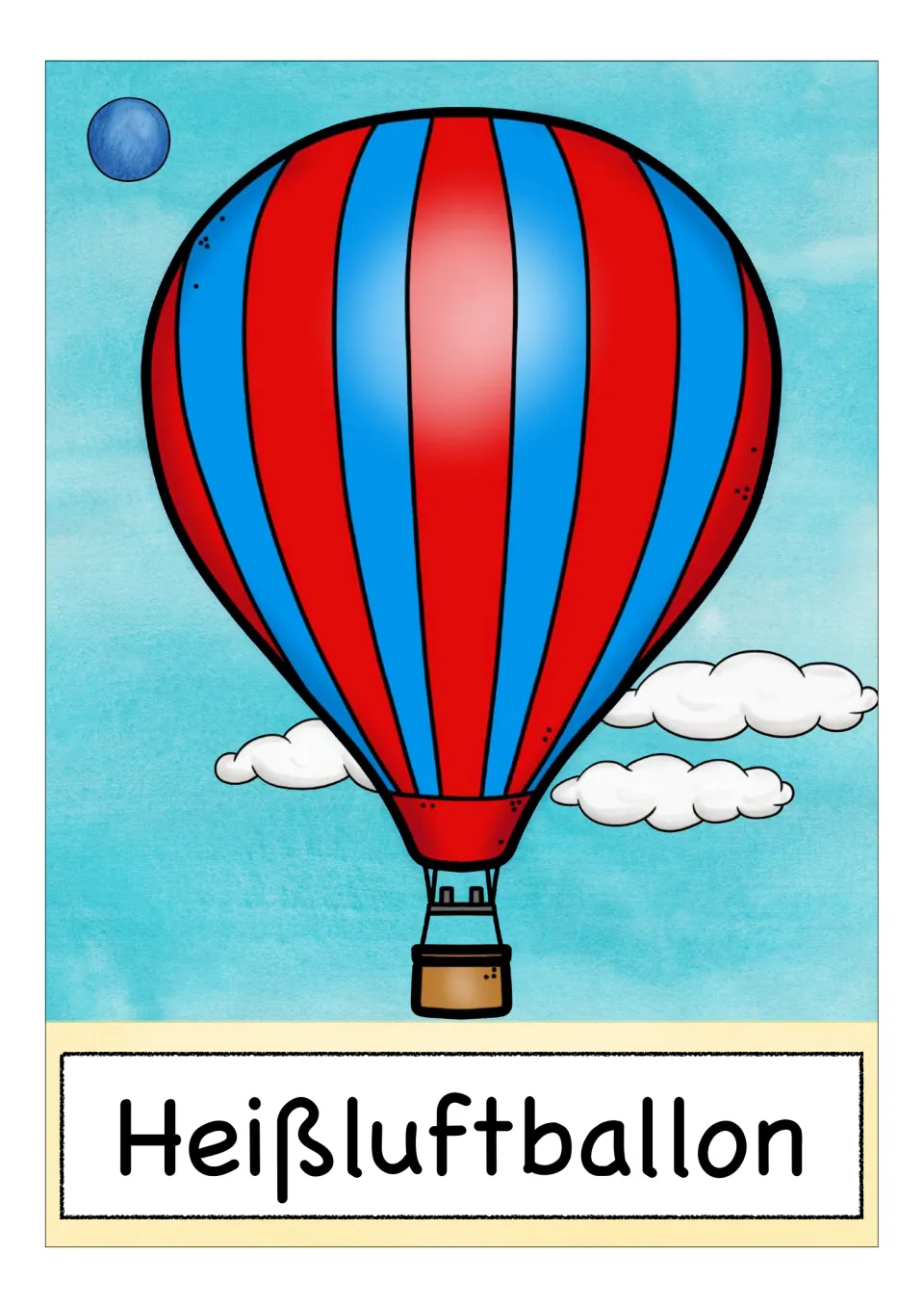 German transport vocabulary card: a red and blue striped hot air balloon with a basket, labeled Heißluftballon