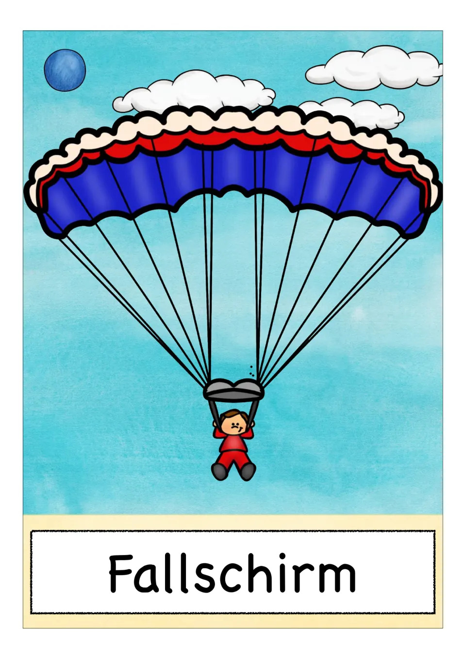 German transport vocabulary card: a child hanging from a blue and red parachute in the sky, labeled Fallschirm