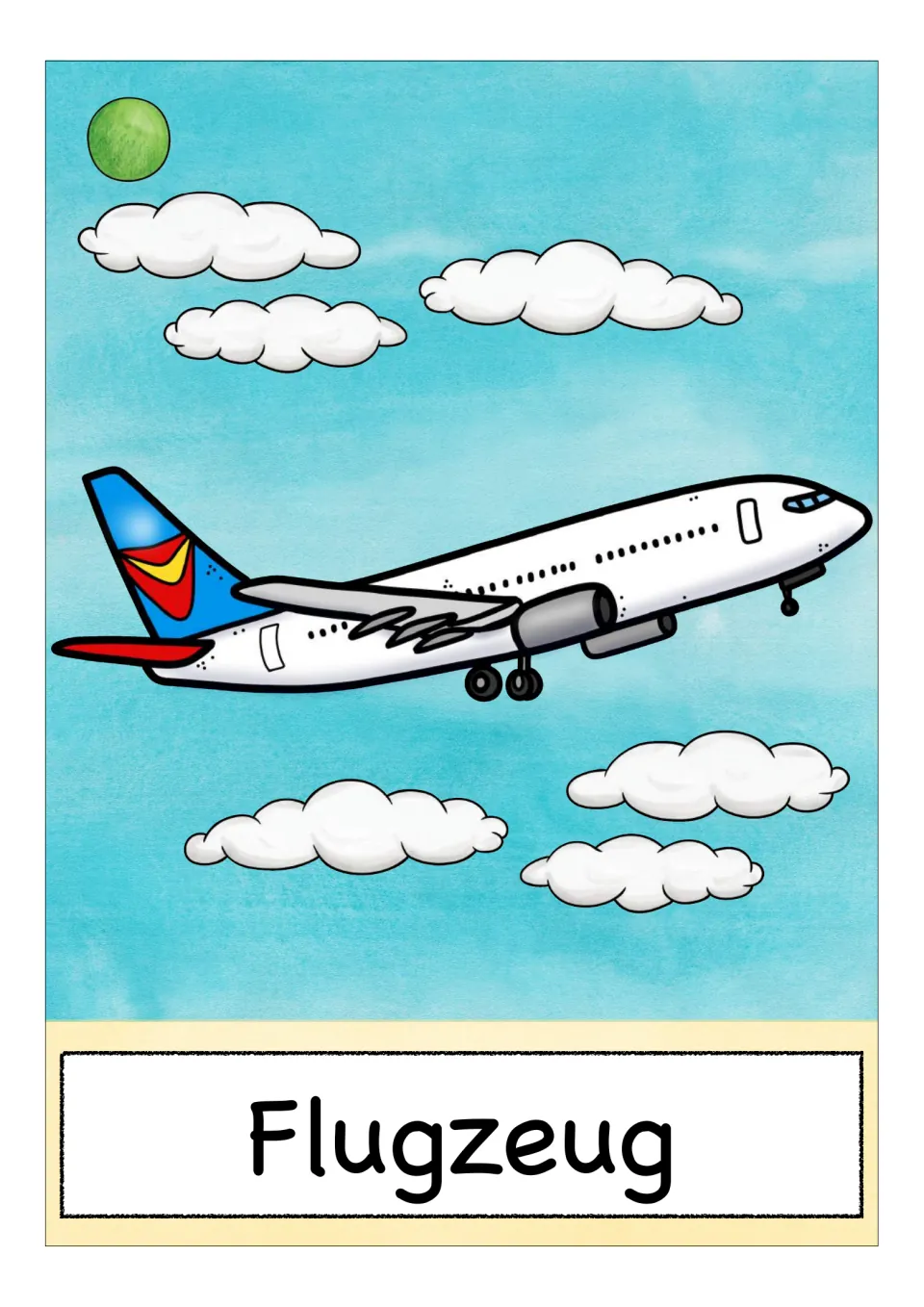 German transport vocabulary card: a white passenger jet taking off through clouds, labeled Flugzeug