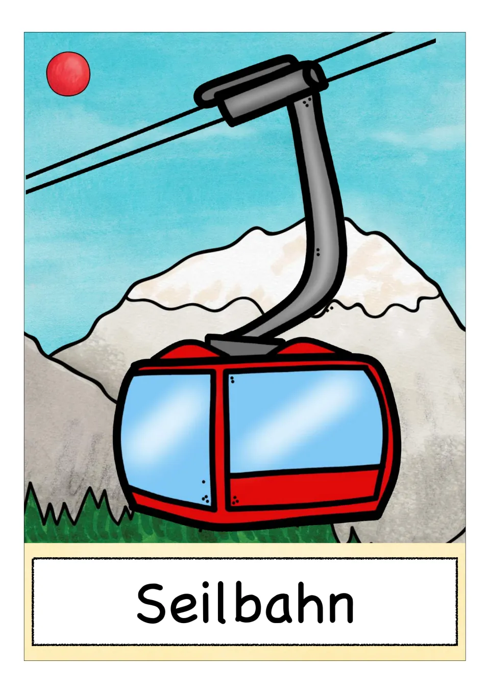 German transport vocabulary card: a red cable car gondola hanging from a cable in front of mountains, labeled Seilbahn