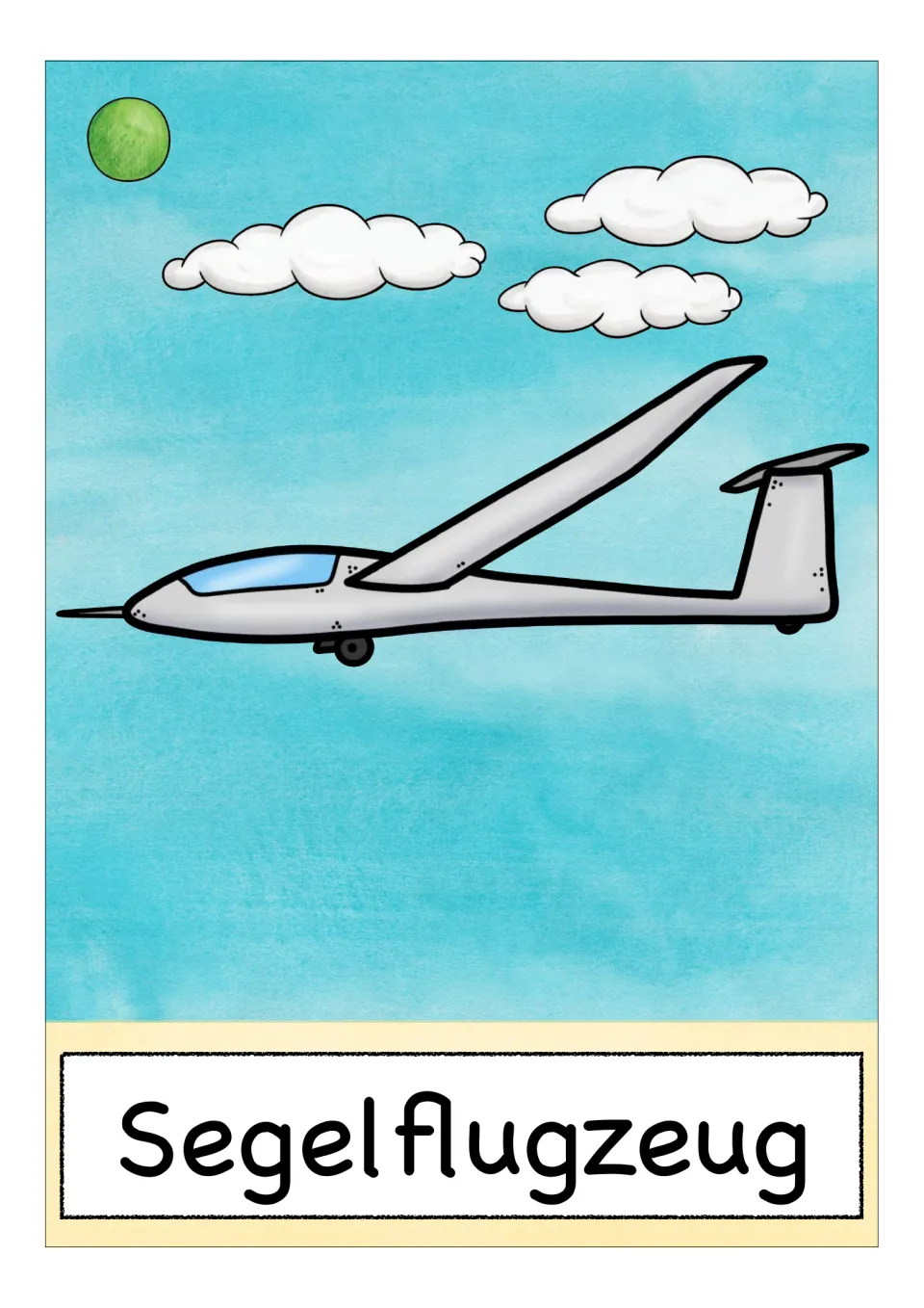 German transport vocabulary card: a long-winged silver glider plane soaring through clouds, labeled Segelflugzeug