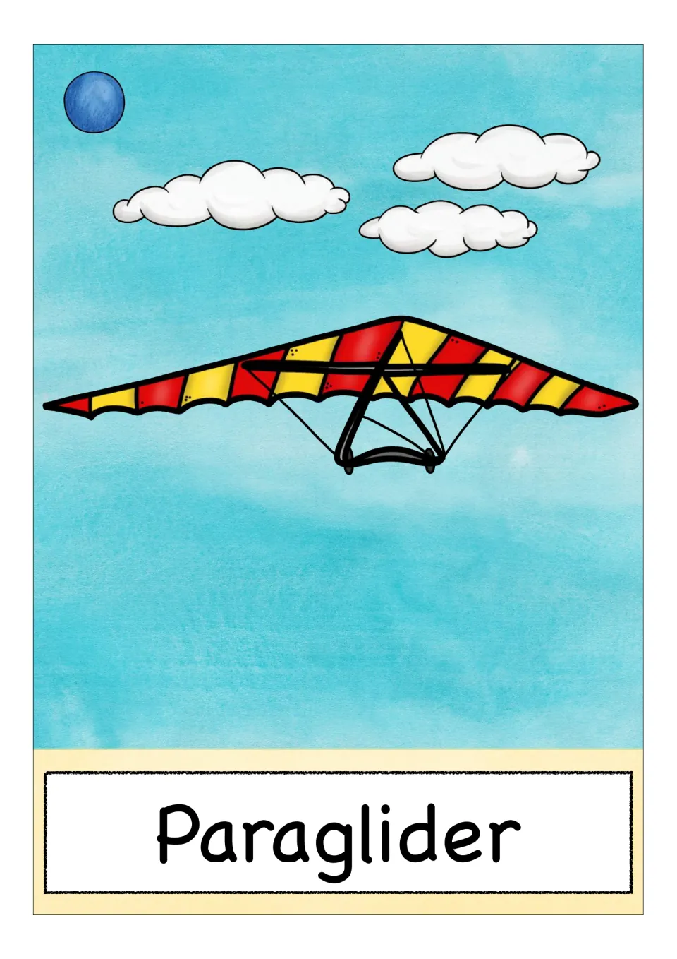 German transport vocabulary card: a red and yellow striped hang glider wing in a cloudy sky, labeled Paraglider