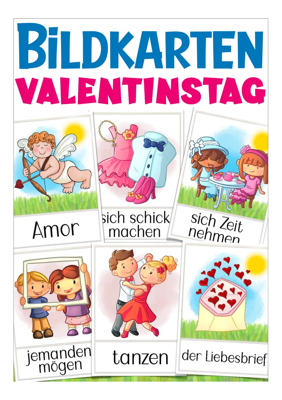 Cover of the German Valentine's Day flashcard resource, showing sample cards for Cupid, dancing and more
