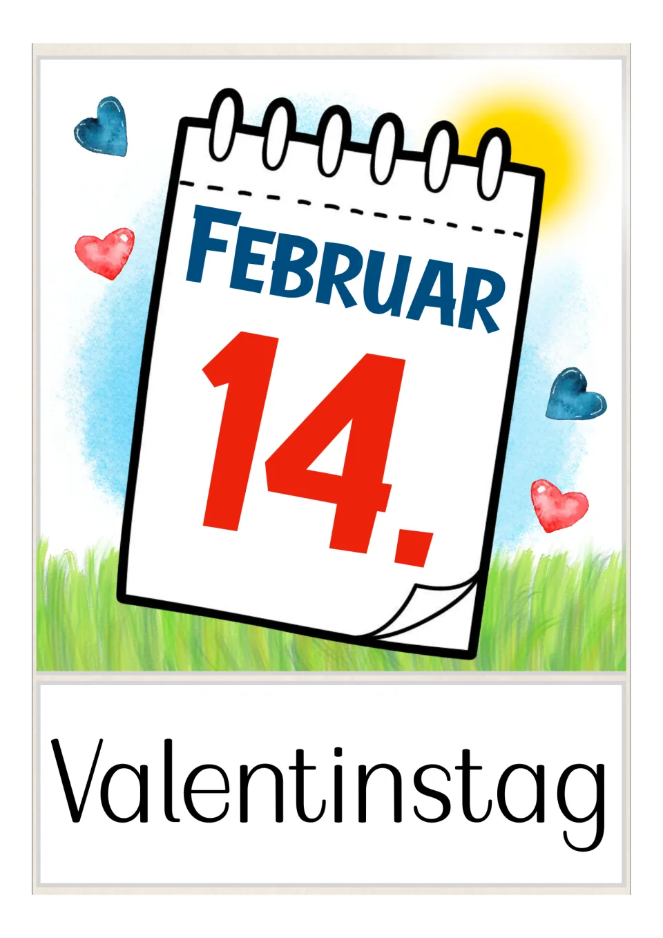 German vocabulary flashcard labeled 'Valentinstag' (Valentine's Day), illustrated by a February 14 calendar