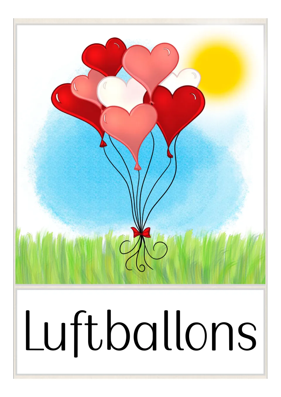 German vocabulary flashcard labeled 'Luftballons' (balloons), showing a bunch of heart-shaped balloons