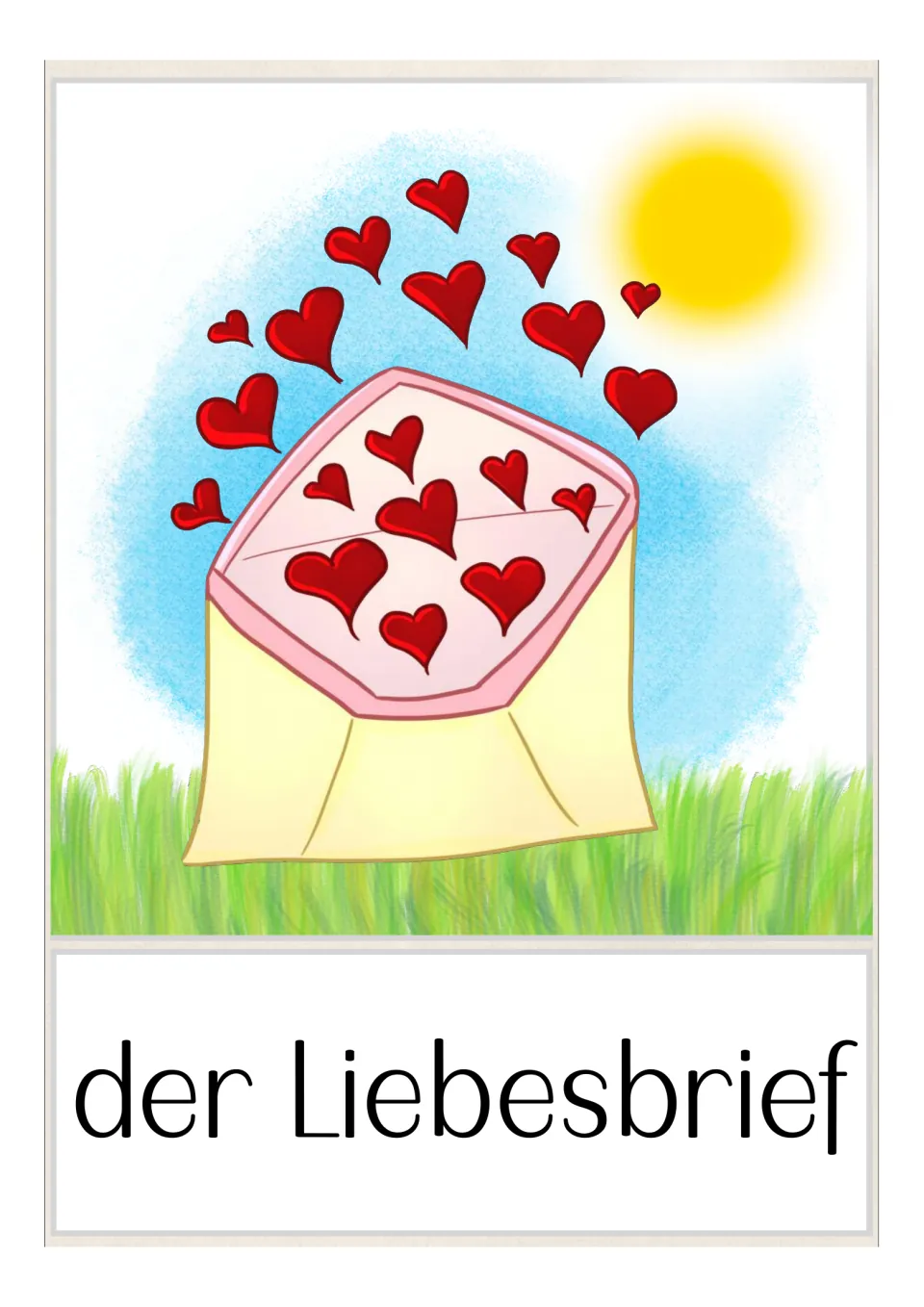 German vocabulary flashcard labeled 'der Liebesbrief' (love letter), showing an open envelope of hearts