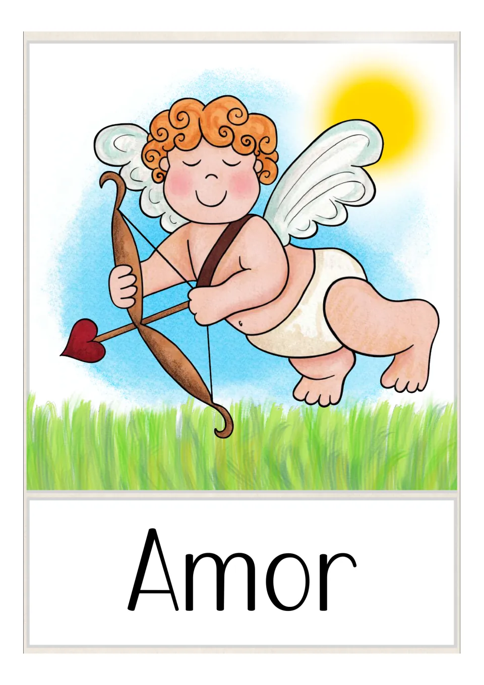 German vocabulary flashcard labeled 'Amor' (Cupid), showing a winged Cupid holding a bow and heart-tipped arrow