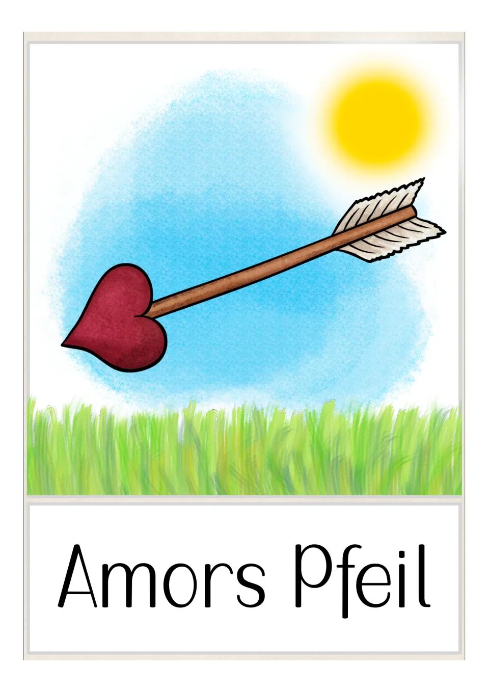 German vocabulary flashcard labeled 'Amors Pfeil' (Cupid's arrow), showing an arrow with a heart-shaped tip