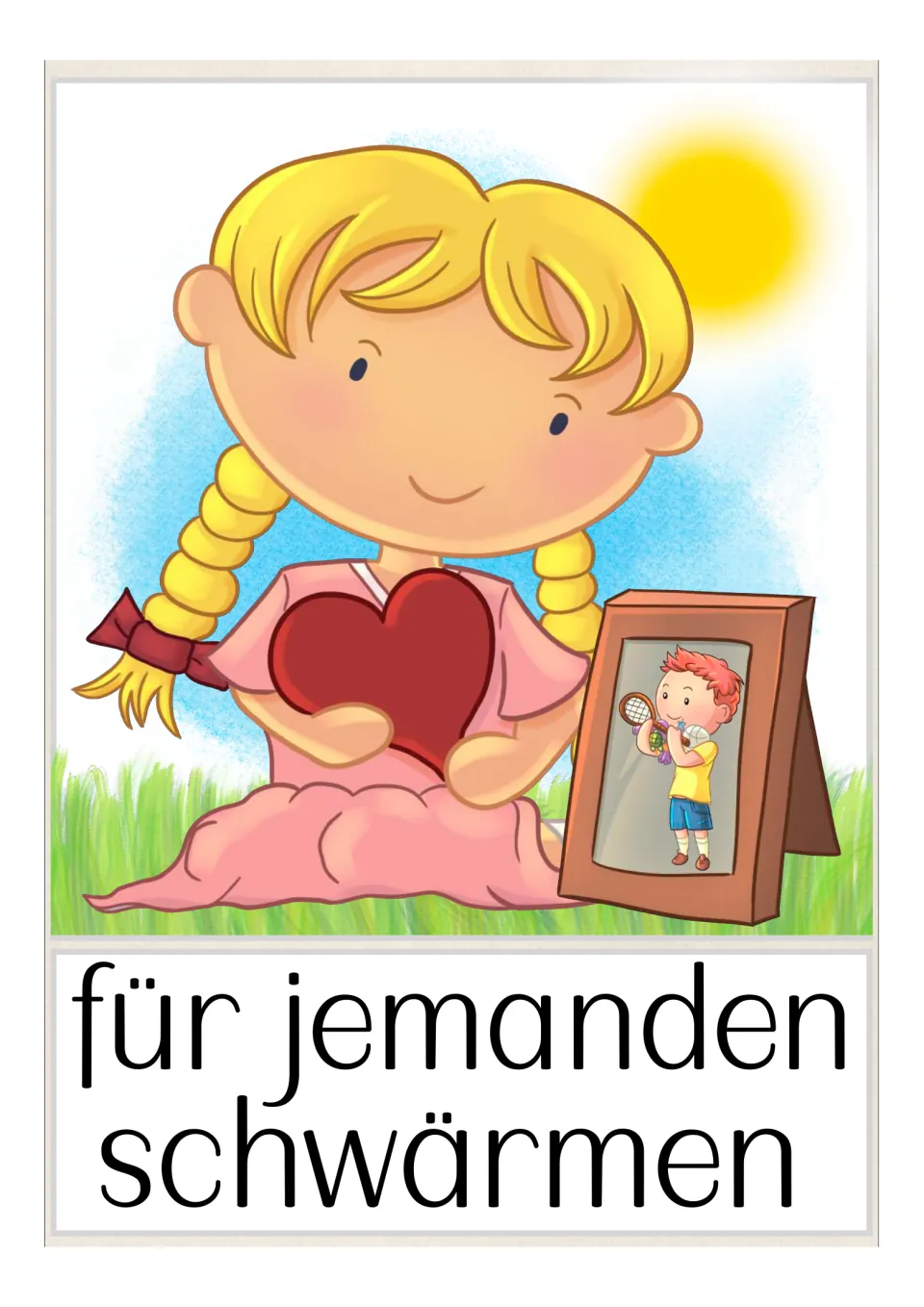 German flashcard: 'für jemanden schwärmen' (have a crush on someone), with a girl holding a heart by a portrait