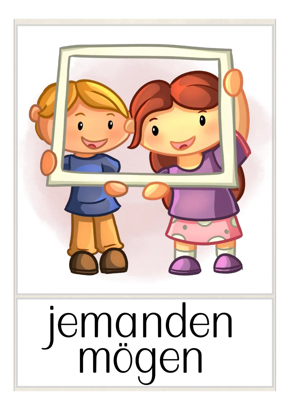 German vocabulary flashcard labeled 'jemanden mögen' (like someone), showing two children holding a frame