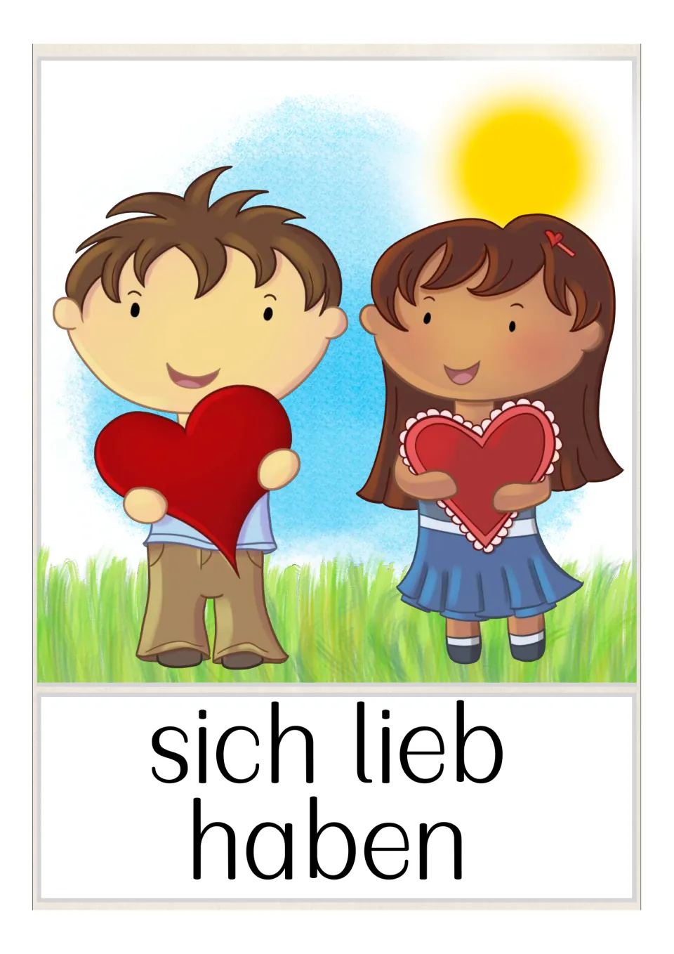 German vocabulary flashcard labeled 'sich lieb haben' (love each other), showing two children holding hearts
