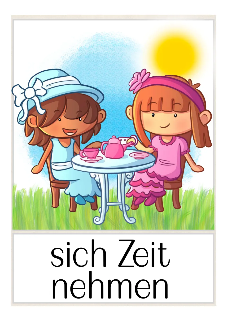 German vocabulary flashcard labeled 'sich Zeit nehmen' (take time), showing two girls sharing tea at a table