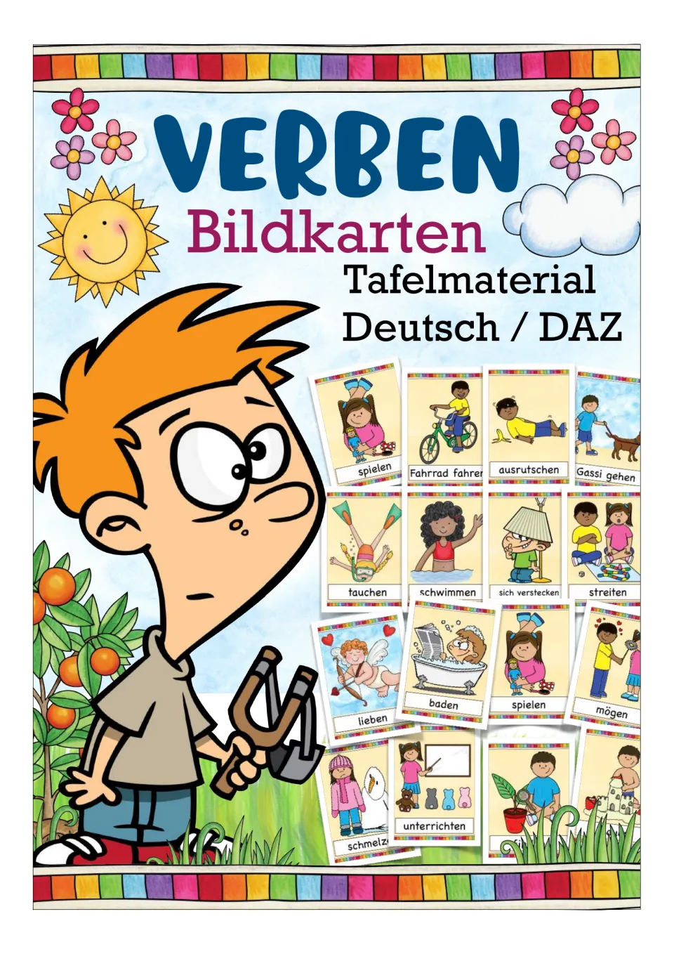Cover of the German verb flashcard resource, labeled 'VERBEN Bildkarten' and 'Tafelmaterial Deutsch / DAZ'