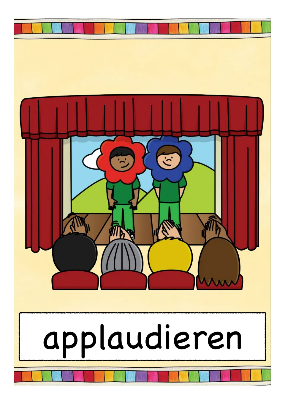 German verb flashcard labeled 'applaudieren' (to applaud), showing an audience clapping for performers