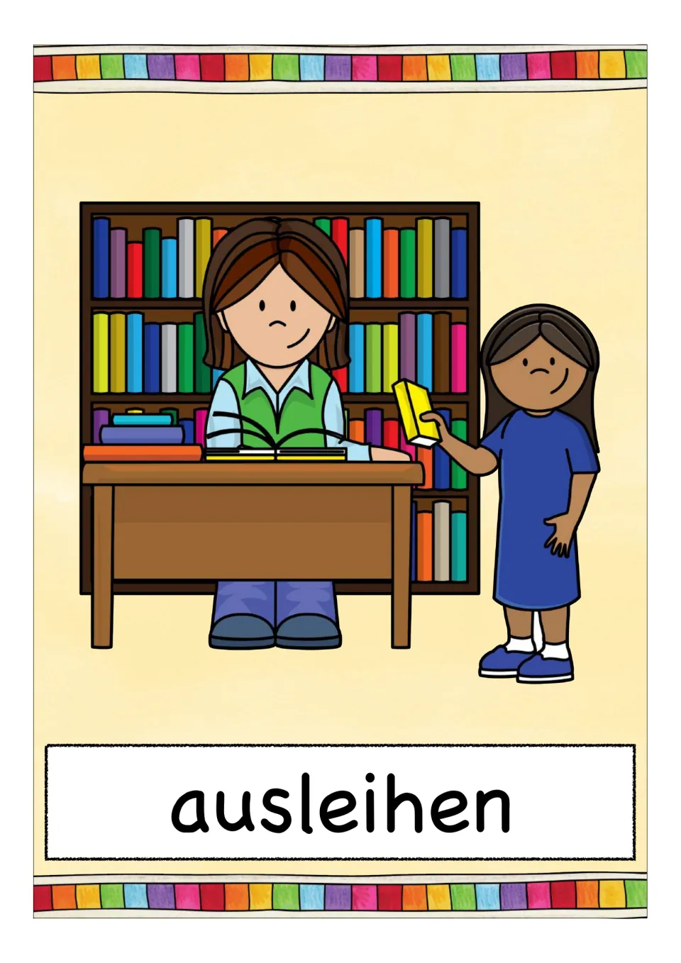 German verb flashcard labeled 'ausleihen' (to borrow), showing a child holding a book at a library desk