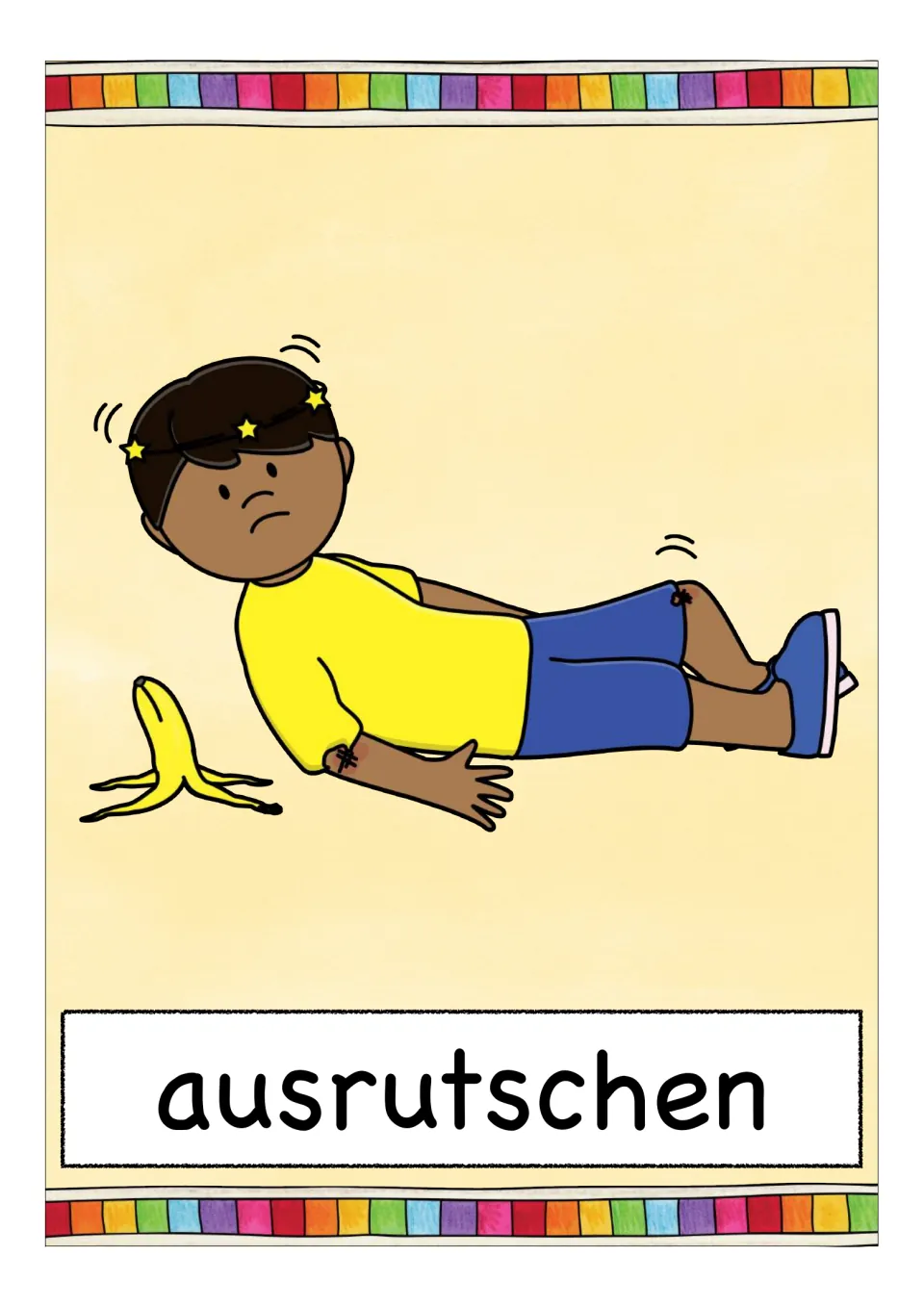 German verb flashcard labeled 'ausrutschen' (to slip), showing a child on the ground beside a banana peel