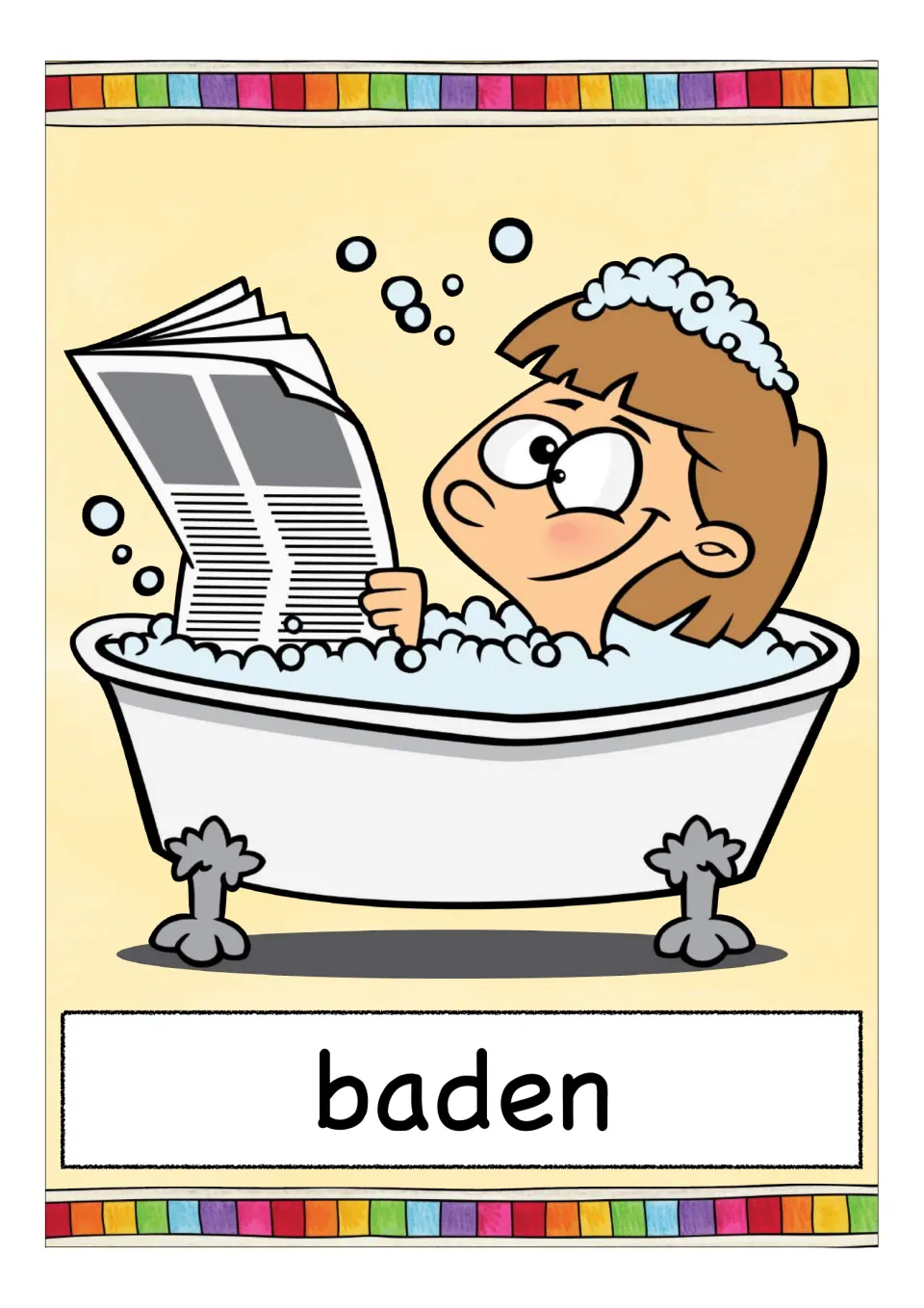 German verb flashcard labeled 'baden' (to bathe), showing a child reading a newspaper in a bubble bath