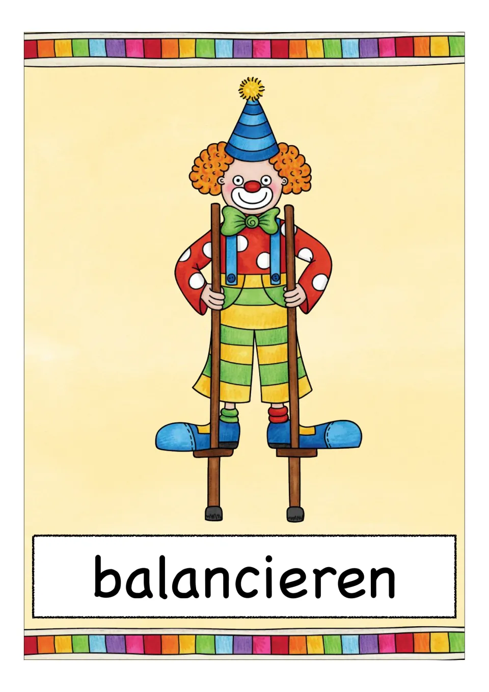 German verb flashcard labeled 'balancieren' (to balance), showing a clown standing upright on two stilts