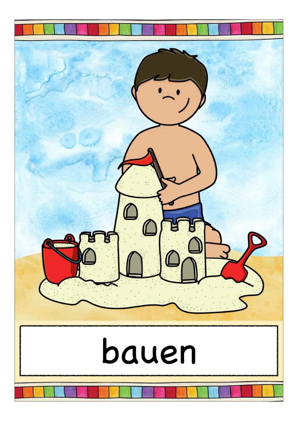 German verb flashcard labeled 'bauen' (to build), showing a child building a sandcastle beside a bucket