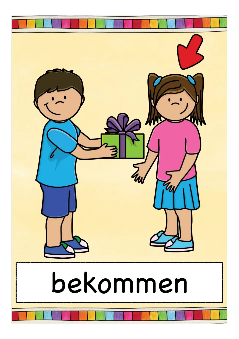 German verb flashcard labeled 'bekommen' (to receive), showing a gift exchange with an arrow at the recipient