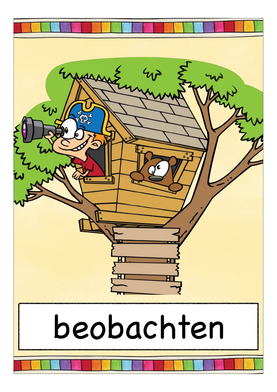 German verb flashcard labeled 'beobachten' (to observe), showing a child using a telescope from a treehouse