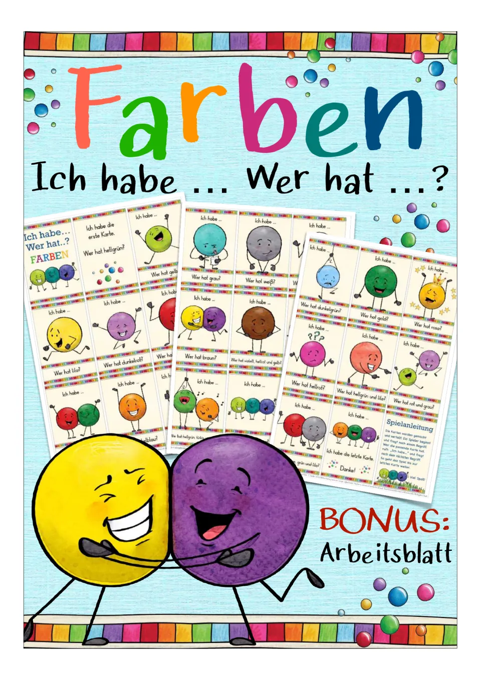 German color card game cover: Farben (colors), Ich habe (I have), Wer hat (Who has), and a bonus worksheet