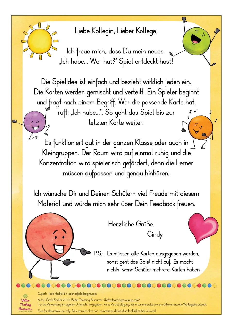 Teacher directions for the German color game: shuffle, distribute all cards, and follow the spoken prompts