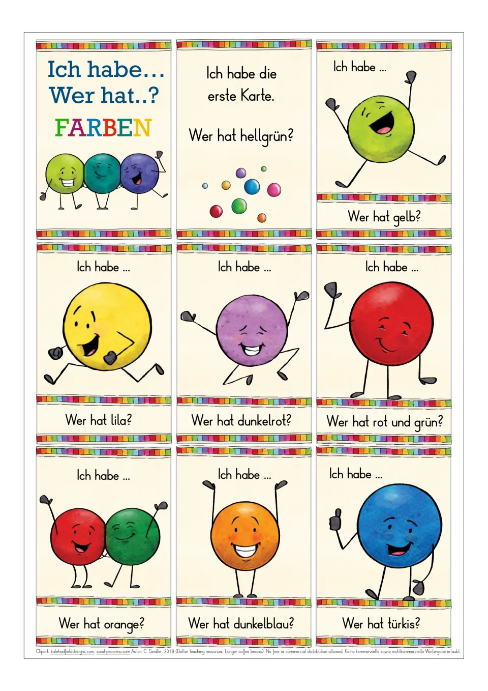 German color game cards 1–8: starting card, hellgrün (light green), gelb (yellow), and five more